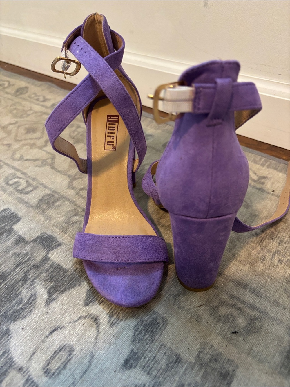 Purple Suede Block Heel Sandals with Ankle Strap
